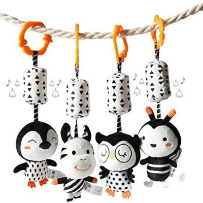 Jouets pour poussette, jouets pour bébé, hochets suspendus en peluche, berceaux, berceaux, sièges de voiture, jouets en peluche doux de voyage, cadeaux nouveau-nés avec sons, 3-18 mois (4 pièces)