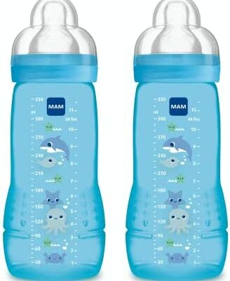 MAM Easy Active Biberon 2ème Étape, Lot de 2 x 330 ml - 6+ Mois - Sucette X Flow, Super Rapide - Bleu