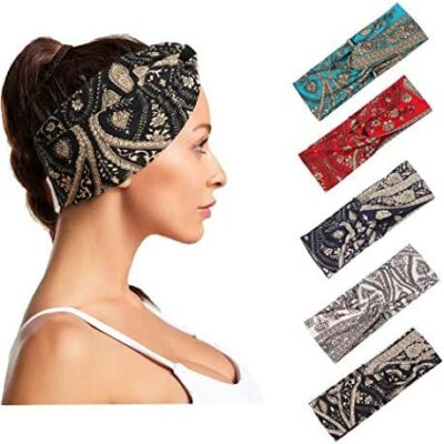 Sethexy Boho Wide Lot de 5 bandeaux pour femme Bandeaux croisés noirs Bandeaux imprimés à la mode Bandeaux en coton extensible pour voyage Accessoires de cheveux de sport en polyester pour filles