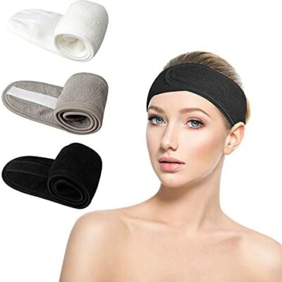 Lot de 3 bandeaux de maquillage, bandeaux réglables pour femmes, bandeaux élastiques réutilisables pour serviettes, pour le visage, le sport, le yoga (noir blanc gris)