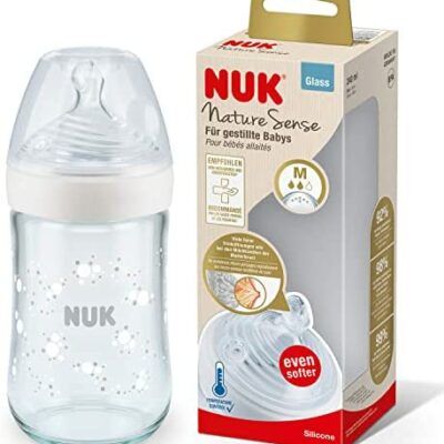 Biberon en verre NUK Nature Sense | 0-6 mois | Contrôle de la température | Tétine en silicone | Valve anti-colique | Sans BPA | 240 ml