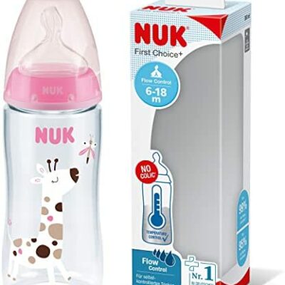 Biberons NUK Preferred+ | 6-18 mois | Contrôle de la température | Régulation du débit | Système anti-colique | Sans BPA | Sucette en silicone, Girafe rose, 300 ml