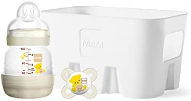 MAM Easy Start Baby Lot de 3 sucettes anti coliques avec biberon anti colique (130 ml) avec 2 tailles de sucettes, MAM Start Pacifier, Coffret Cadeau Bébé, Dès la Naissance, Ours