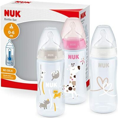 Nuk First Choice+ Lot de 3 biberons, 0-6 mois, température contrôlée, anti-coliques, 300 ml, sans BPA, tétine en silicone, girafe rose 10225265