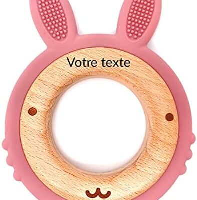 Ernestine - Anneau de dentition bébé personnalisé avec prénom, nom ou texte en bois et silicone - Jouets d'apprentissage Montessori - Cadeaux de naissance filles et garçons - Jouets gomme bébé