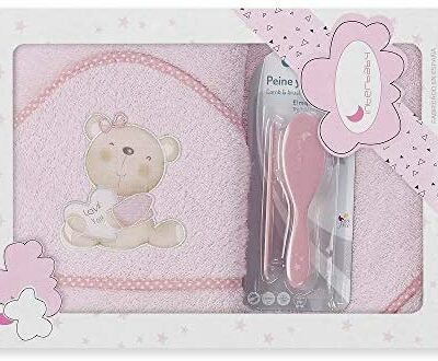 Interbaby Drap de Bain 400 g/m² Coton Eponge + Brosse/Peigne Love You Rose 100 x 100 cm