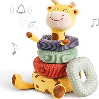 TUMAMA Jouets pour bébé en peluche, Jouets pour bébé girafe empilables, Hochets pour bébé avec son, Jouets sensoriels pour bébé, Jouets éducatifs en peluche, Cadeaux d'activité et de développement pour garçons et filles