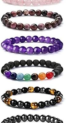 JeweBella 6 Pièces Bracelet en Pierre Naturelle Luminothérapie Perle Bracelet Hommes Dames 7 Chakra Rose Quartz Améthyste Noir Onyx Oeil de Tigre Bracelet Porte-Bonheur Couple Bracelet Extensible Bijoux