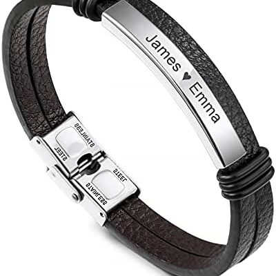 MunkiMix Personnalisé Nom Texte Date Bracelet Homme Cadeau Garçon Petit Ami Frère Fête des Pères Couple Cuir Tissé Bracelet Personnalisé en Acier Inoxydable ID Tag Bijoux