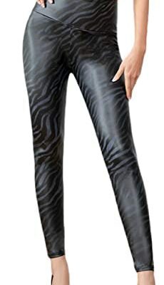 Generic JIER femmes élégant sans couture coupe ajustée pleine longueur Leggings taille haute mince Compression zèbre imprimé PU cuir pantalon