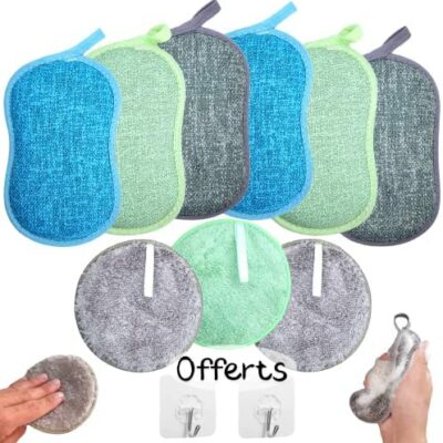 Lot de 6 éponges microfibres antibactériennes lavables réutilisables + 3 éponges lavables et 2 crochets adhésifs, éponges éco pour récurer la vaisselle microfibre de cuisine zéro déchet