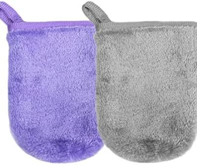 SIOPPKIK Gants Démaquillants Réutilisables en Microfibre Gants en Tissu Nettoyant 9cm x 12cm 2pcs Gris & Violet