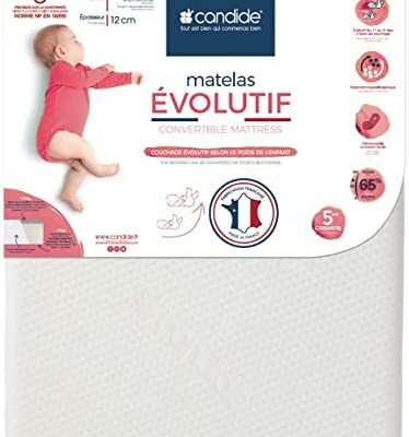 Candide - Matelas Berceau 60x120x12cm Évolutif, 1 Côté Bébé + 10kg, 1 Côté Bébé - 10kg, Antiallergique, Déhoussable, Fabriqué en France, Garantie 5 ans