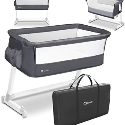 Lit de voyage LIONELO Theo 2 en 1, lit d'appoint bébé, bébé né jusqu'à 9 kg, réglage de la hauteur d'inclinaison, parois latérales pliables, matelas, moustiquaire