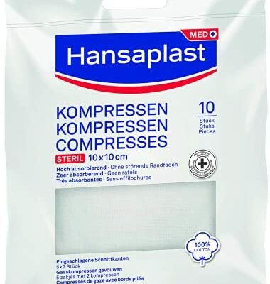 Hansaplast 10 compresse stérile 10 x 10 cm, compresse de coton pour nettoyer ou protéger les plaies, compresse antiseptique très absorbante