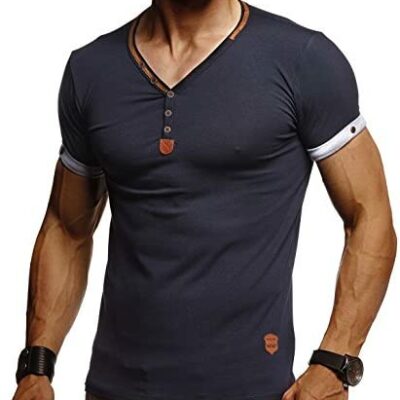 Leif Nelson - LN1390 - T-shirt à col en V à manches courtes pour homme - Coupe slim - Contemporain - T-shirt en coton