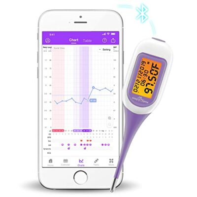 Easy@Home Thermomètre basal Bluetooth Contrôle du cycle de surveillance de l'ovulation avec application française Premom (iOS et Android), 1/100 degré, thermomètre avec synchronisation TBC et rétroéclairage LCD violet