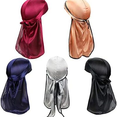 Durag 5 pièces - Durags en soie pour hommes et femmes, chapeau de pirate en soie à 360 degrés, chapeau en satin Durag Turban Turban Turban avec queue extra longue et bretelles larges