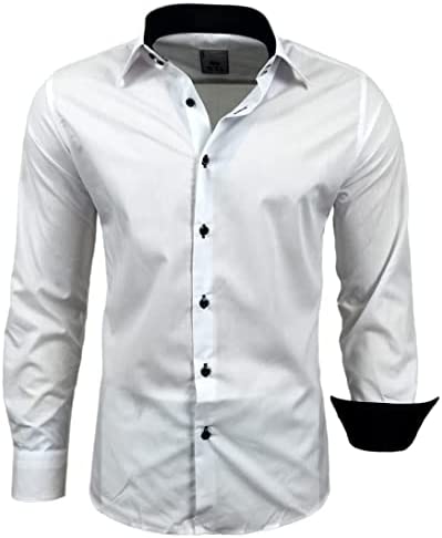 Mode Subliminal - Chemise Homme Easy Iron Col Deux Tons Couleur Unie Manches Longues Slim Fit Idées Cadeaux d'Affaires, Noël, Saint Valentin RN44