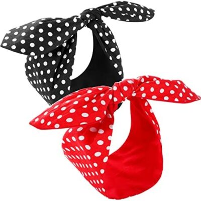 Lot de 2 bandeaux à nouer, bandeaux pour femme Vintage imprimé aiguille bandeau fil blanc rond bandeau bandeaux de Noël vintage pour cheveux filles (rouge, noir)