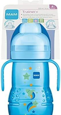 Biberon d'apprentissage MAM Trainer+, 220 ml, pour la transition vers le gobelet, avec tétine anti-goutte, bec et poignée, 4 mois et plus, design Rocket