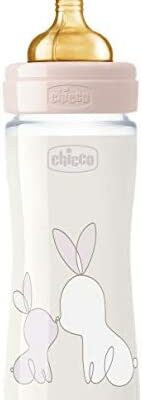 Chicco Original Touch Biberon anti-colique avec tétines en caoutchouc 100 % naturel, biberon avec Lento Flow 0 Mesi+ 240 ml biberon en verre, rose