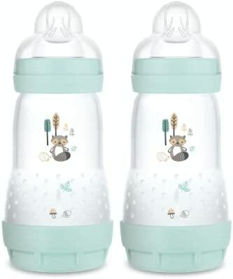 MAM 2 Pièces Easy Start Biberons Anti-Coliques (260 ml), Biberons pour Allaitement Mixte, Débit 2 Tétines, Base Gonflable Anti-Colique, Aqua