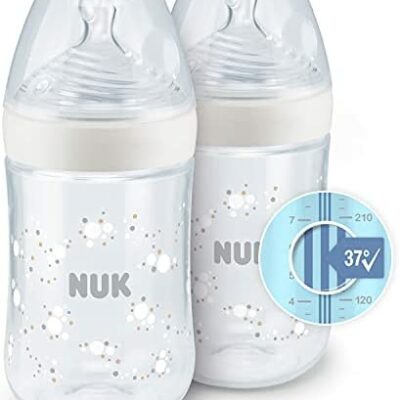 NUK, Nature Sense Lot de 2 biberons, 260 ml, affichage de la température, 618 mois, avec tétine en silicone, sans BPA, transparent, blanc