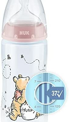 NUK Preferred+ Disney Biberon | 0-6 Mois | Indicateur de Température | Biberon 300ml Valve Anti-Colique | Sans BPA | Tétine en Silicone | Winnie l'Ourson (Rose)