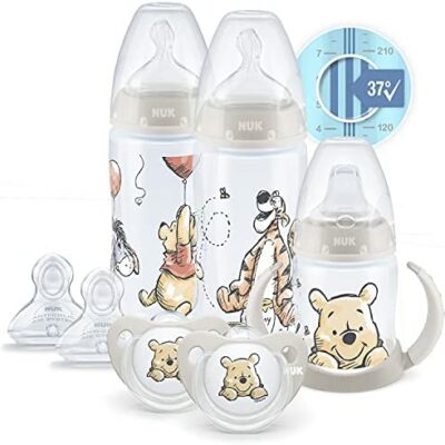 Nuk Disney First Choice+ First Years 7 pièces, 0+ mois, température contrôlée, 2 biberons de 300 ml, 1 gobelet d'étude, 2 tétines, anti-coliques, sans BPA, Winnie l'ourson 10751442