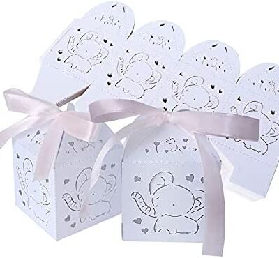 Wolfteeth 790302 Coffret cadeau éléphant et coeur 50 pièces, coffret cadeau avec ruban rose pour naissance, bébé, douche, anniversaire, fille, garçon, baptême, fête, blanc