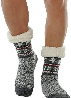 WYTartist Pantoufles de Noël pour hommes Jarretière Doux Doublure Polaire Ski-preuve Cerf Chaud Confortable Doublure Polaire Hiver Doublure Pantoufles