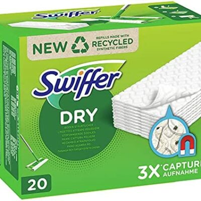 Swiffer - Nettoyant pour sols, lingettes sèches - Contient 3 fois plus de poussière, de saleté et de cheveux, recharge - 20 unités