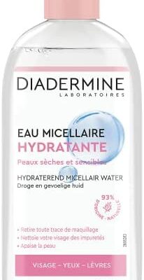 Diadermine - Eau Micellaire Nettoyante Hydratante - Peaux Sèches & Sensibles - Démaquillant - Peau Apaisante - Nettoyant Visage - 93% Naturel - Flacon 400ml