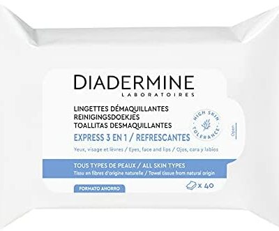 Diadermine - Lingettes Démaquillantes Visage, Yeux & Lèvres - Quick 3 en 1 - Tous Types de Peau - Nettoyant Visage - Haute Tolérance - Pack de 40 Fibres Naturelles