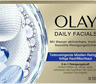 OLAY Lingettes nettoyantes quotidiennes pour le visage pour peaux grasses et mixtes avec de l'eau Lingettes nettoyantes sèches pour le visage 5 en 1 Traitement du visage, lingettes démaquillantes, exfoliant