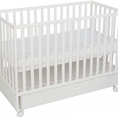 Lit bébé ATB 60 x 120 cm avec tiroirs et rails, lit enfant blanc avec rails, lit en bois réglable en hauteur, lit enfant, meuble chambre enfant