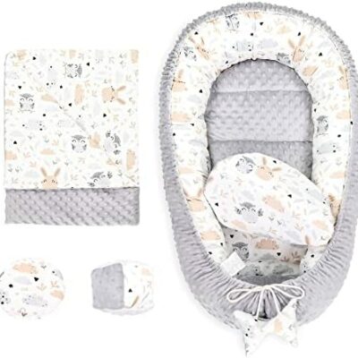 Réducteur de Berceau 90x50 cm Minky - Baby Cocoon Lit de Berceau Ergonomique Cocoon 5 Pièces avec Couverture Hibou Gris Clair