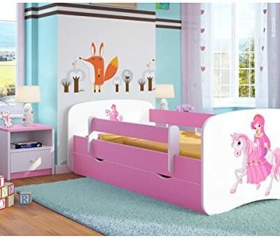 Bjird Lit Enfant Complet 70x140 80x160 80x180 Séparateur Tiroir Bas Filles Garçons Lit Simple - Rose - Princesse Cheval 80 x 160 cm