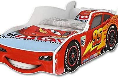 Lit de voiture iGlobal Cot Zig Zag Lightning McQueen avec sommier à lattes et matelas 2 ans, L 156 x l 74 x H 49,5 cm, sommier à lattes flexible 140 x 70 cm, poids maximum 100 kg