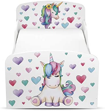 Lit moderne pour enfant en bas âge 140/70 cm motif décor coloré papillon filles lit avec matelas lit enfant en bois blanc licorne cheval poupée coeur