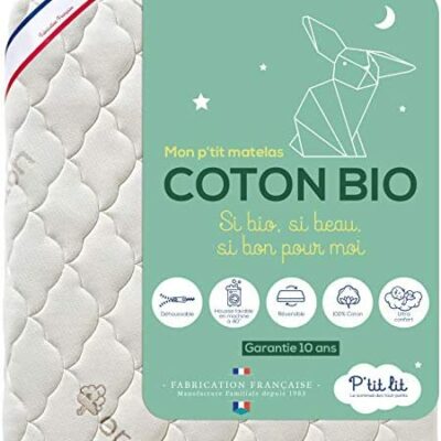 P'tit Lit - Matelas Enfant/Crèche en Coton Bio - 70x140 cm - 100% Coton : Matière Naturelle d'Origine Végétale - Sans Traitement Chimique - Déhoussable - Oeko Tex® - Fabriqué en France