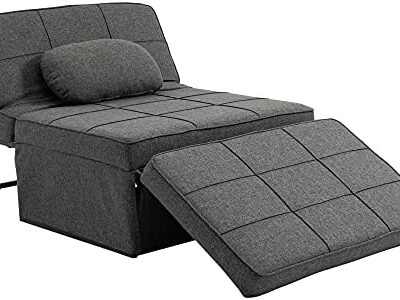 fauteuil inclinable pouf 3 en 1 dossier 5 niveaux pliant repose-pieds cadre en métal noir lin gris