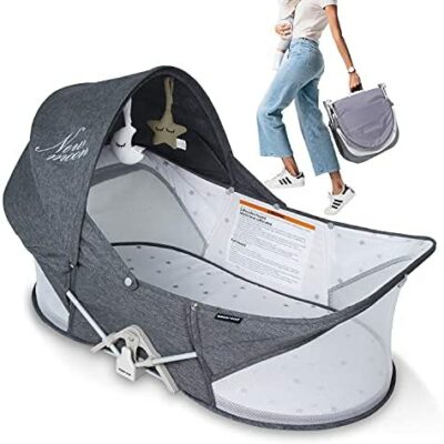 Berceau de voyage pour bébé, tente de lit de voyage portable facile à plier, système de sécurité en T à deux points avec moustiquaire, jouet, auvent, matelas et sac, berceau pour bébé