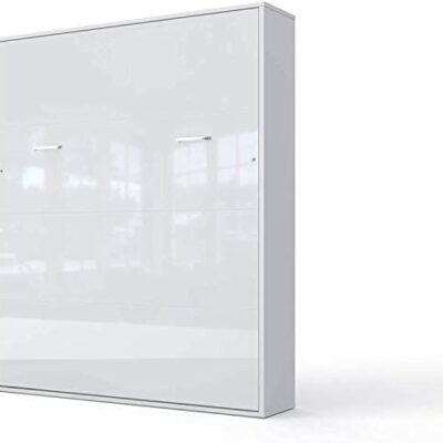 Invento Cabinet Bed V Lit mural pliant Lit fonctionnel Lit d'invité pliant Tout-en-un Lit pliant Armoire Chambre d'amis Salon Chambre 160 × 200 (Blanc/Blanc brillant)