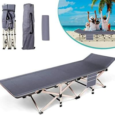 Lit de camping pliable robuste pour adulte - 280 kg, cadre en acier pliable, canapé-lit de plage portable surdimensionné avec poches latérales, sac fourre-tout 190 x 67 x 36 cm