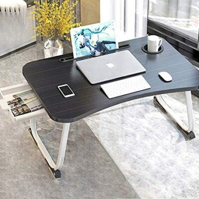 Table de chevet portable MGsten, bureau pour ordinateur portable avec porte-gobelet, plateau de lit pliant pour ordinateur portable avec tiroir pour canapé/sol étudiant adulte (60x40x28cm)