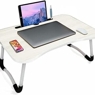 arvioo Table de chevet pour ordinateur portable Lapdesk Table de lit pliante avec fente pour iPad Surport Ordinateur pliable pour petit-déjeuner, lecture, regarder des films (Blanc)