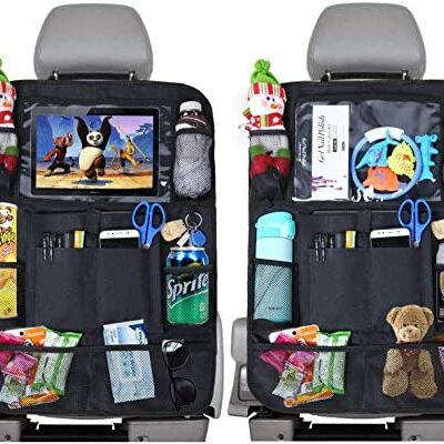 Avril Tian Organiseur de siège arrière de voiture, tapis de sol avec support pour tablette + 9 sacs de rangement pour bouteilles de jouets, boissons, voyage pour enfants, lot de 2