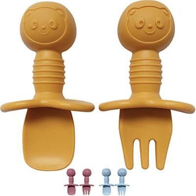 Peplino Couverts d'apprentissage ergonomiques pour bébé, cuillère et fourchette Apprentissage de la diversification alimentaire, couverts, ensemble de couverts en silicone pour enfants (jaune moutarde)